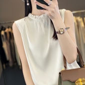 宽松内搭纯色木耳边打底衫 半高领真丝吊带背心女无袖 上衣 新款 夏季
