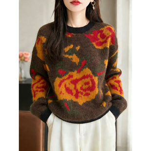 花朵装饰仿羊绒针织衫女圆领宽松百搭保暖羊毛拉绒毛衣显瘦上衣