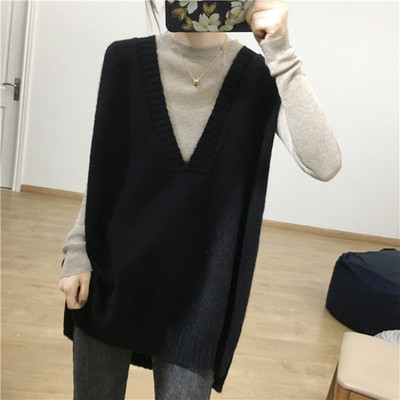 宽松羊毛外搭马甲女长款V领针织