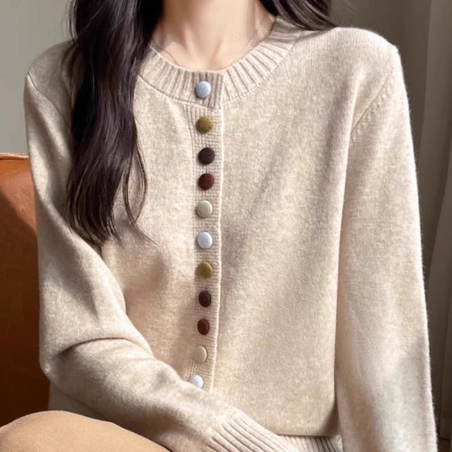 2025秋季新款纽扣长袖针织打底衫圆领毛衣设计小众宽松别致上衣女