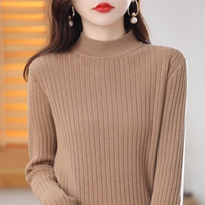 100%纯棉线半高领针织打底衫女春季长袖套头宽松毛衣慵懒纯色上衣