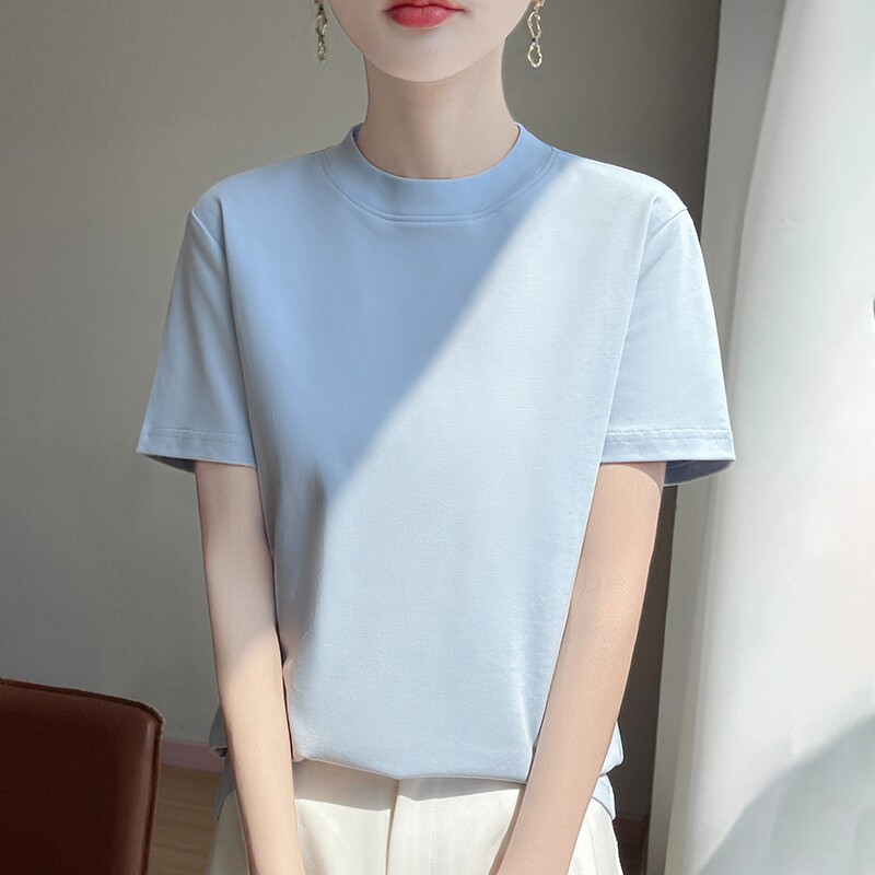 小半高领全棉短袖T恤女夏季新款100%纯棉高端大码上衣体恤打底衫
