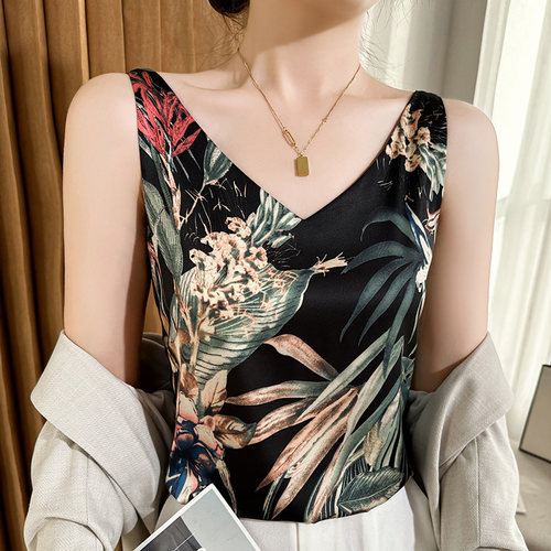 新款爆款露肩小吊带真丝3D印花大码女士精品内搭性感V领高档背心