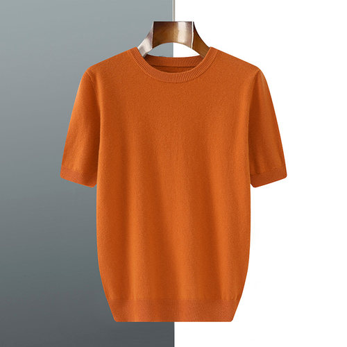 秋季男士短袖t恤衫毛衣宽松五分袖针织纯色羊毛薄款上衣羊绒半袖