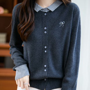 翻领叠穿内搭打底衫 拼色衬衫 秋季 女宽松百搭长袖 小外套 领针织开衫