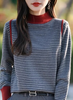 拼色条纹半高领针织打底衫女2025新款长袖保暖今年流行的加厚毛衣