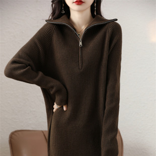 时尚 连衣裙立领毛衣裙大翻领针织裙打底加厚长裙 半拉链宽松中长款