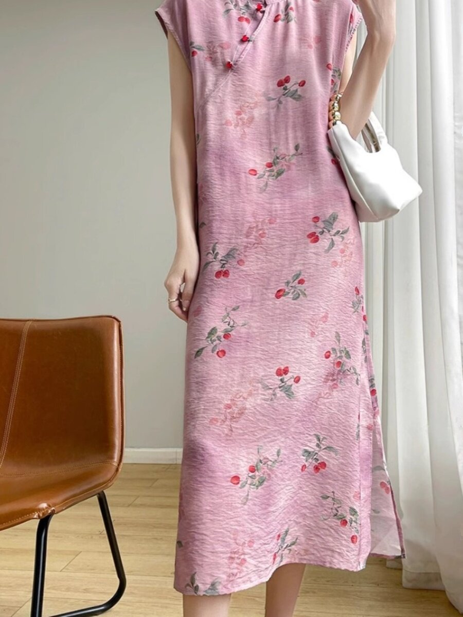 새로운 중국 스타일 국가 스타일 치파오 텐셀 코튼 드레스 느슨한 기질 여름 착용 2024 봄 새로운 중간 길이 스커트