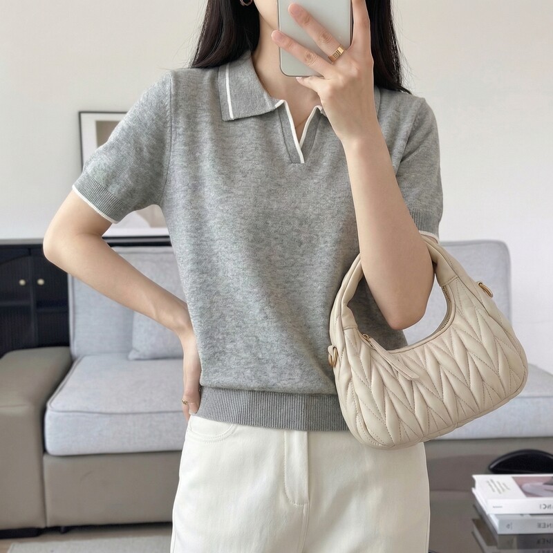 纯棉POLO领撞色显瘦针织短袖女图片