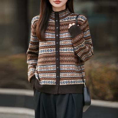 复古费尔岛重工提花立领针织开衫