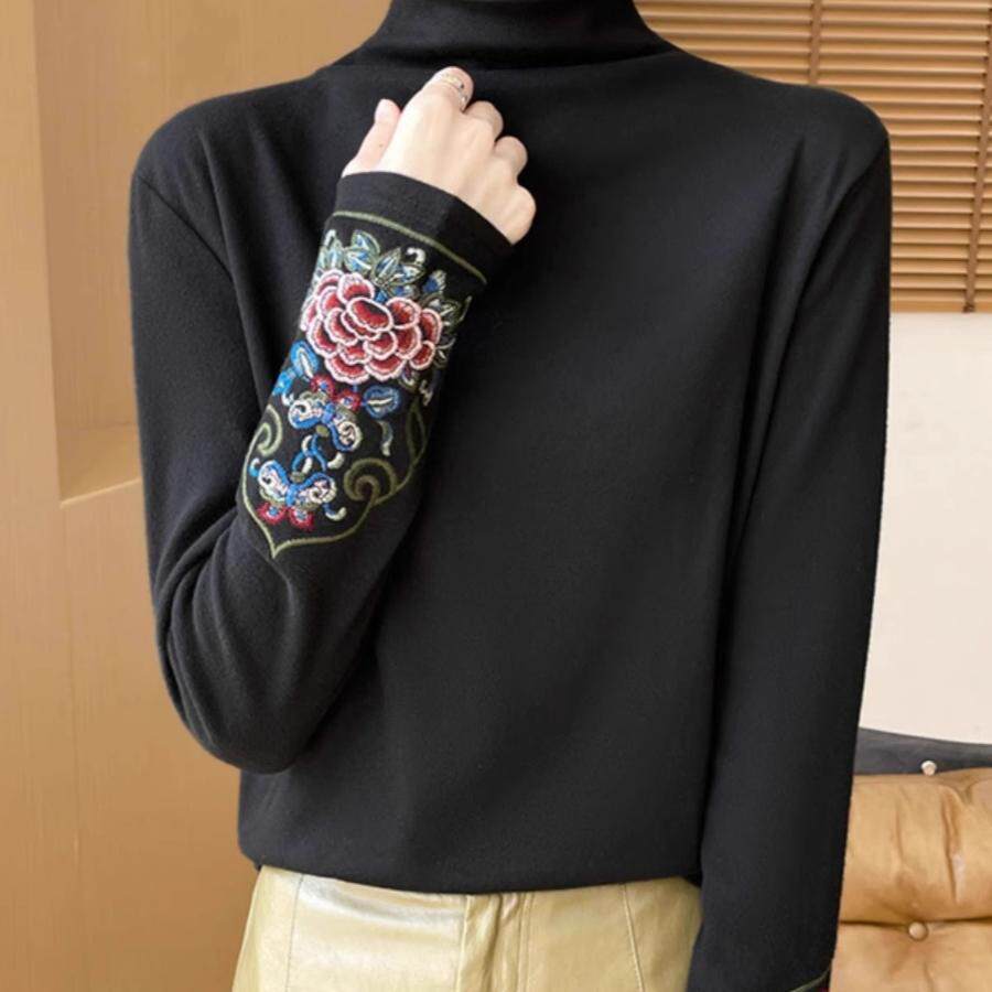 新中式国风刺绣半高领打底衫冬季加厚磨毛德绒保暖内搭宽松可外穿