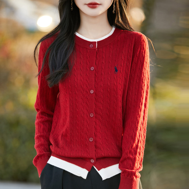 撞色假两件精纺针织开衫女2026春季圆领纽扣羊毛衫宽松新年红减龄,女装/女士精品,毛针织衫,淘宝优惠券,粉丝福利购,淘宝优惠卷