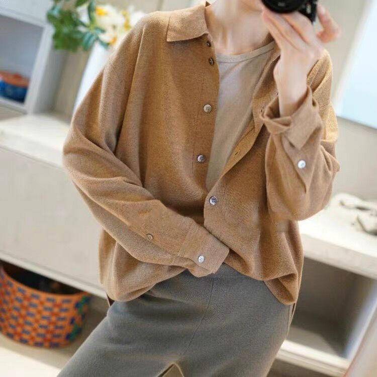 羊毛对襟polo领针织衬衣开衫外套