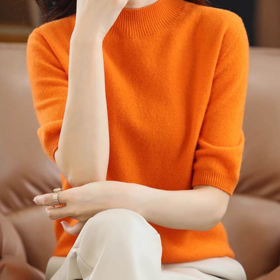 半高领羊毛衫中袖时尚毛衣女秋季新款针织上衣纯色打底衫宽松短袖,女装/女士精品,毛针织衫,淘宝优惠券,粉丝福利购,淘宝优惠卷