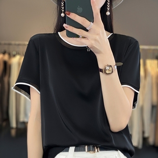 打底白色半袖 法式 T恤西装 真丝上衣女春季 内搭 网纱重磅桑蚕丝短袖
