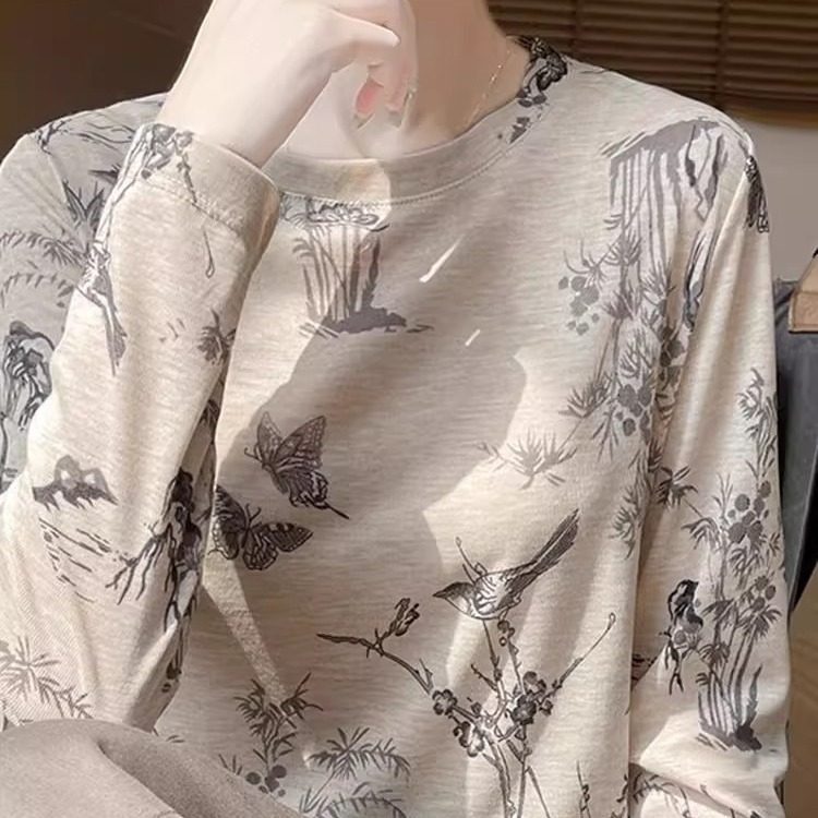商场同款春夏新款印花天丝长袖t恤女打底衫圆领薄款宽松百搭上衣