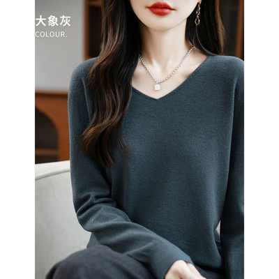 春季V领宽松软糯女打底针织衫