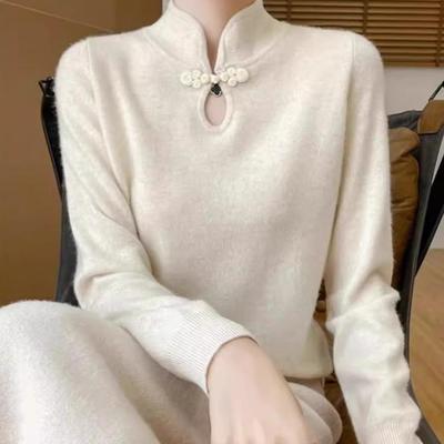 新中式国风立领盘扣长袖针织打底毛衣女2025新款修身显瘦内搭毛衫