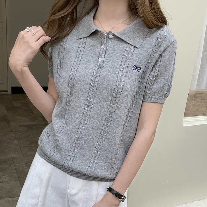 通勤风翻领刺绣蝴蝶结纯棉短袖针织衫女宽松显瘦百搭polo领上衣
