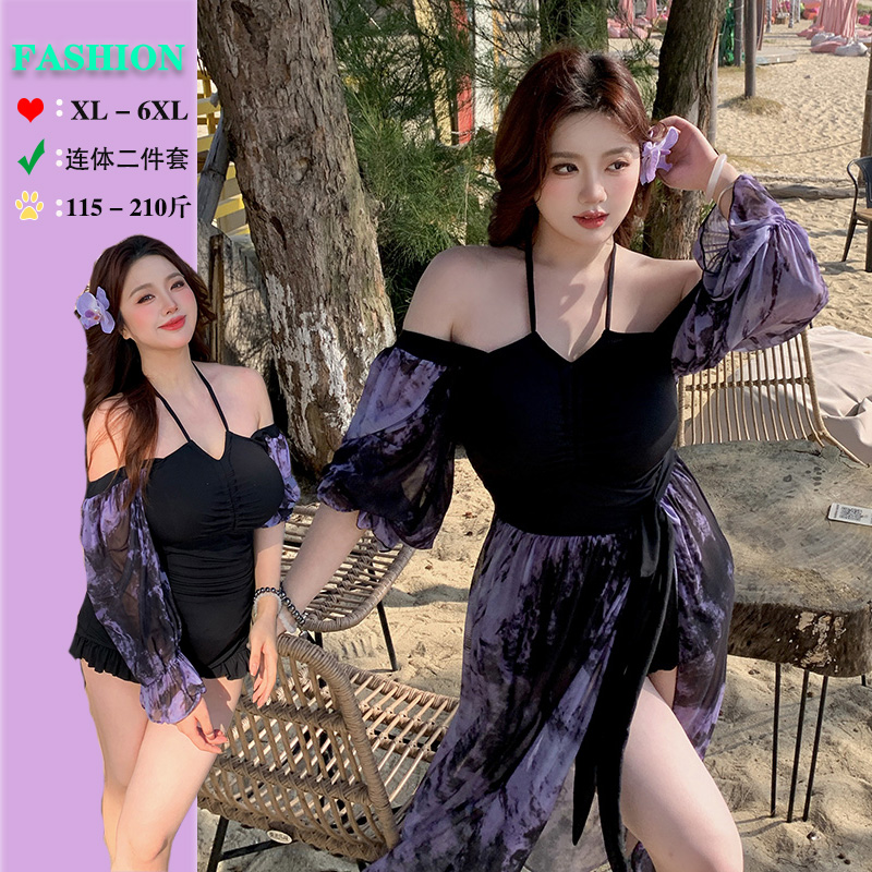 大码泳衣女款性感长裙遮肉微胖mm遮肚显瘦长袖连体比基尼温泉度假