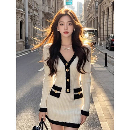 法式小香风V领长袖针织连衣裙女秋冬高级感修身显瘦气质包臀短裙