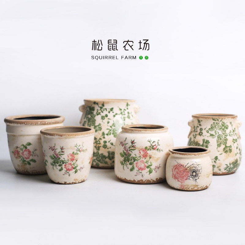 复古花盆粗陶美式乡村仿古手绘图案做旧陶瓷多肉绿植盆栽透气花盆,鲜花速递/花卉仿真/绿植园艺,花盆,淘宝优惠券,粉丝福利购,淘宝优惠卷