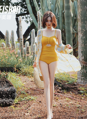 亦美珊连体泳衣女成人黄色微胖遮肉绝美海边高级感2026新款泡温泉