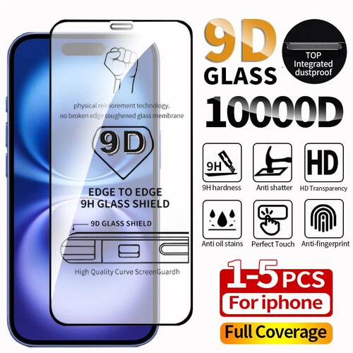 1-5Pcs 9D Tempered Glass Screen Protector For iPhone 16 Pro Max 11 15 14 13 12 Mini Xr X Xs Max 7 8