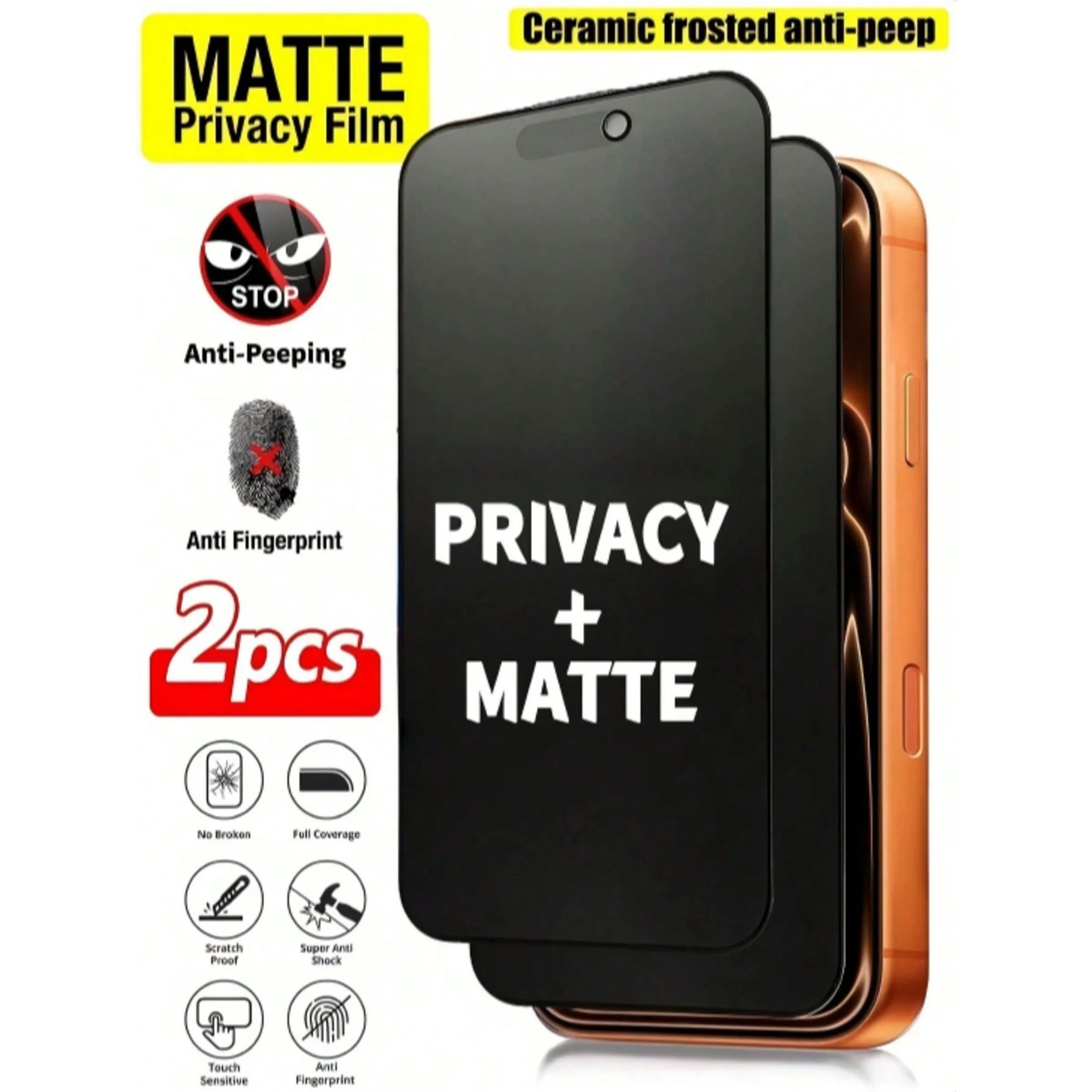 2PCS Privacy Matte Frosted Ceramic Screen Protector For iPho