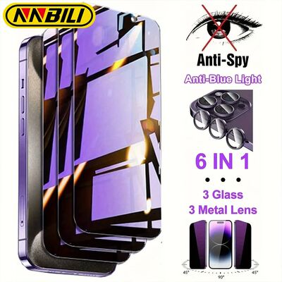 NNBILI 6in1 [3pcs -blue Light Privacy Tempered Glass + 3pcs