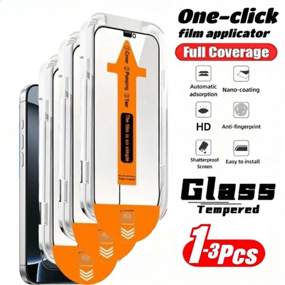 1-3Pcs One Click Coating Dust Free Tempered Glass For iPhone  13 14 15 16 17 ProMax Screen Protector