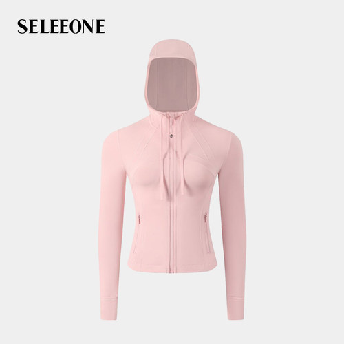 seleeone经典防风连帽抽绳瑜伽服女短款收腰显瘦跑步健身夹克外套