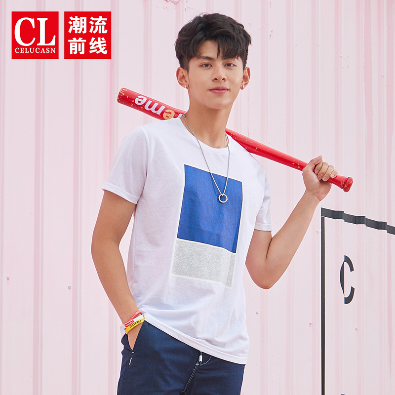 潮流前线2018年夏季新品男款拼接几何图案印花修身百搭短袖T恤