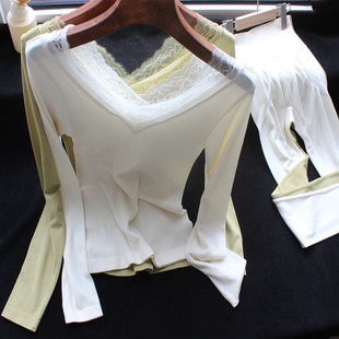 保暖内衣套装女士内搭可外穿薄款打底蕾丝v领紧身秋衣秋裤女秋冬