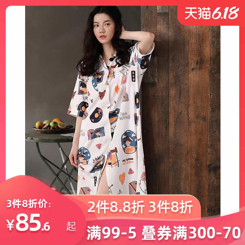 妮狄娅睡衣睡裙女夏季纯棉短袖衬衫裙中长款卡通休闲可外穿家居服