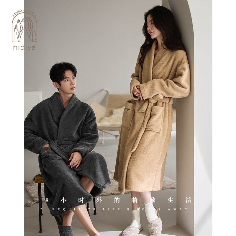 妮狄娅情侣珊瑚绒睡衣睡袍女冬季中长款保暖绒袍男简约时尚家居服,女士内衣/男士内衣/家居服,睡袍/浴袍,淘宝优惠券,粉丝福利购,淘宝优惠卷