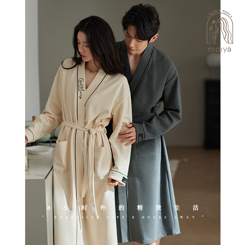 秋棉质情侣华夫格睡袍简约家居服