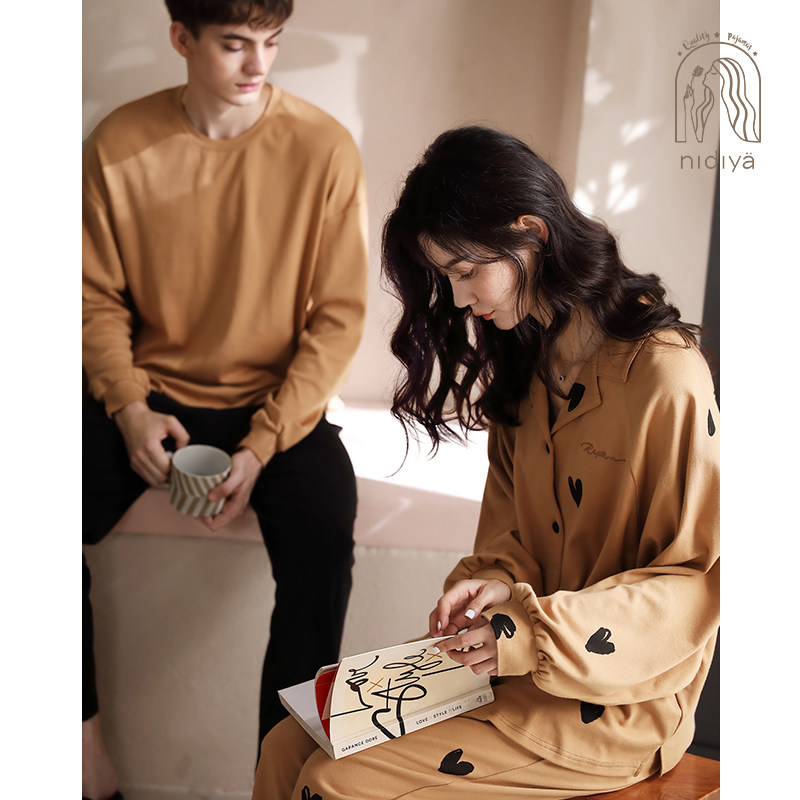 妮狄娅情侣睡衣女春秋季纯棉长袖翻领男款简约休闲气质家居服套装