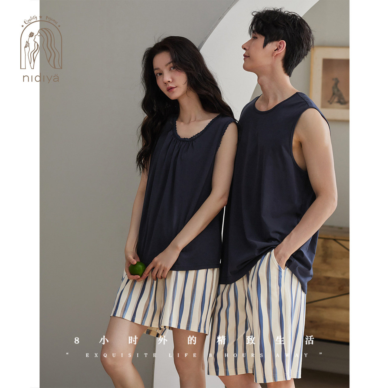 妮狄娅睡衣女夏季凉感柔软棉背心短裤男清爽条纹可外穿家居服套装