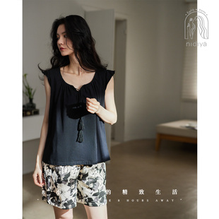 清凉外穿家居服套装 背心宽松短裤 凉感柔软棉飞袖 妮狄娅睡衣女夏季