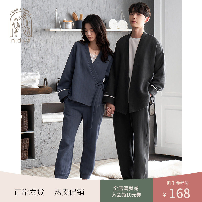 妮狄娅情侣睡衣女秋纯棉长袖加厚夹层日式和服男秋冬款家居服套装