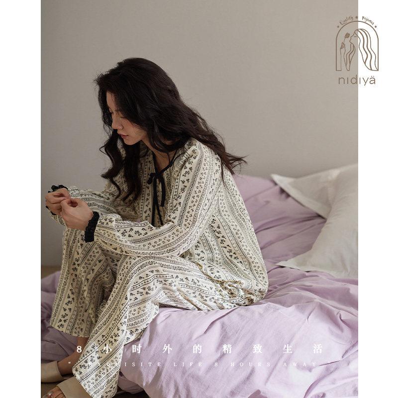 妮狄娅睡衣女春季长袖纯棉纱布法式田园花卉春秋开衫款家居服套装