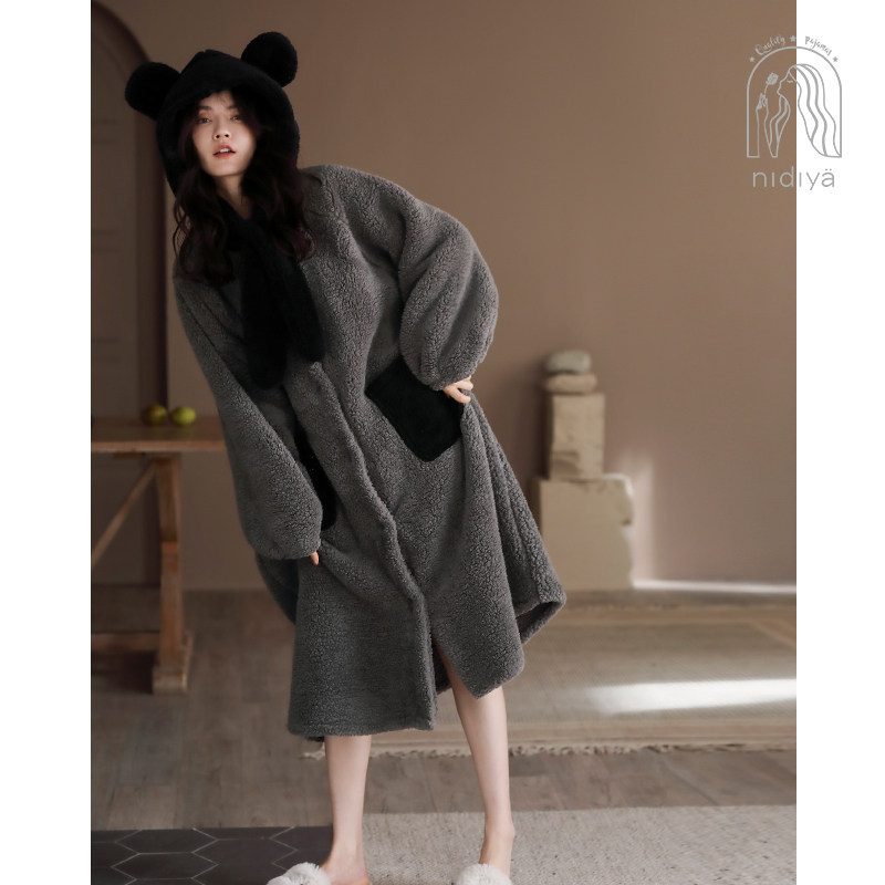 妮狄娅睡衣女冬季连帽珊瑚绒睡袍加厚保暖围脖减龄时尚秋冬家居服