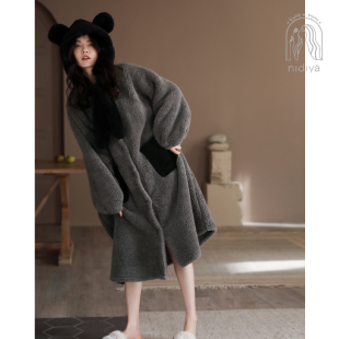 妮狄娅睡衣女冬季 秋冬家居服 连帽珊瑚绒睡袍加厚保暖围脖减龄时尚