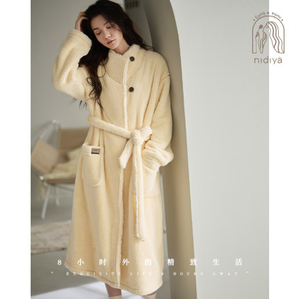 妮狄娅睡衣睡袍女冬季加厚珊瑚绒保暖立领中长袍简约大袍子家居服