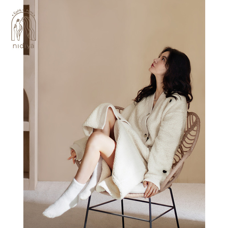 妮狄娅2023睡衣女冬季中长款珊瑚绒睡袍加厚羊羔绒简约秋冬家居服