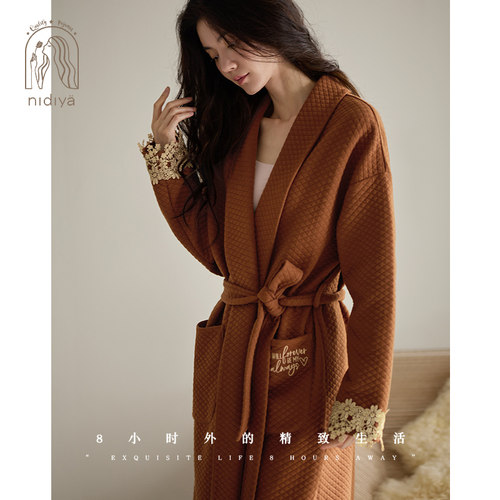 秋冬纯棉夹层睡袍简约轻奢家居服