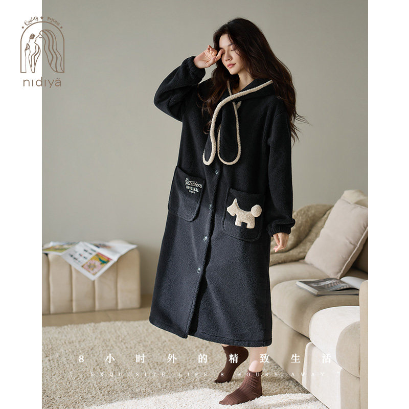 妮狄娅睡衣睡袍女冬季珊瑚绒连帽中长款减龄卡通可外穿保暖家居服