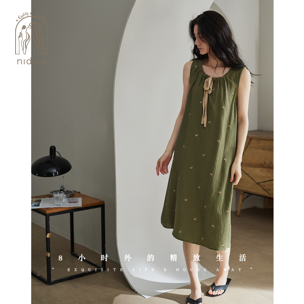 妮狄娅睡衣睡裙女夏季纯棉纱布背心中长裙甜美森系减龄外穿家居服