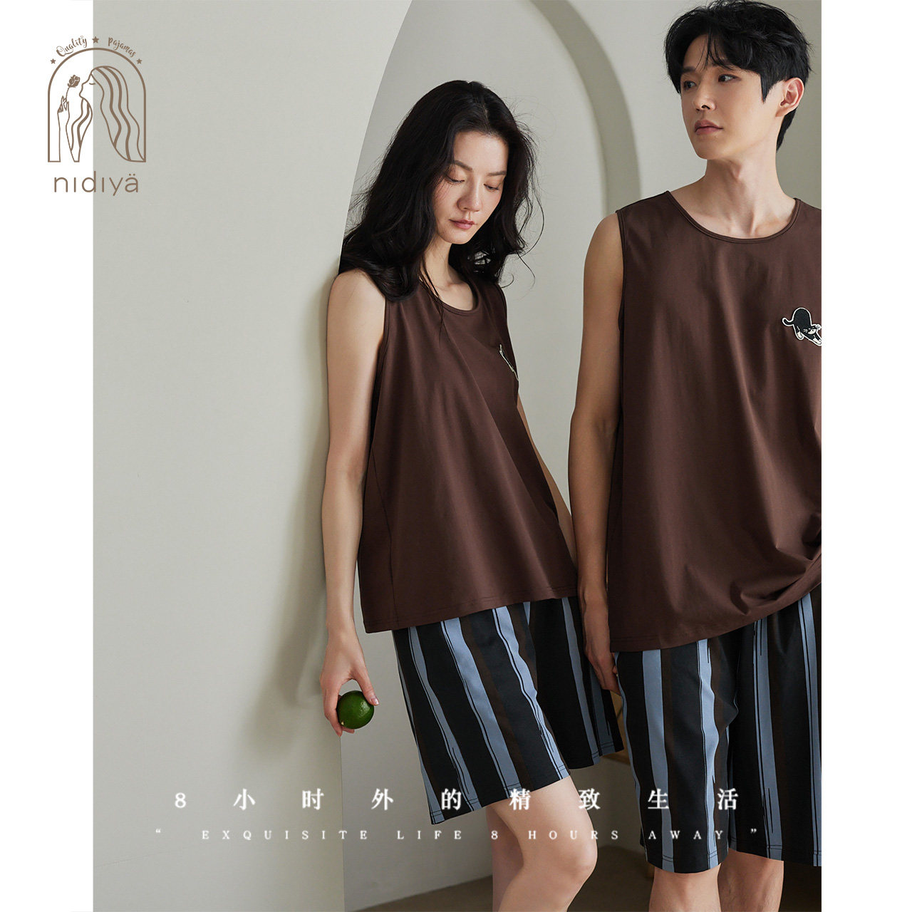 妮狄娅夏季柔软棉薄款睡衣女休闲背心男时尚短裤可外穿家居服套装